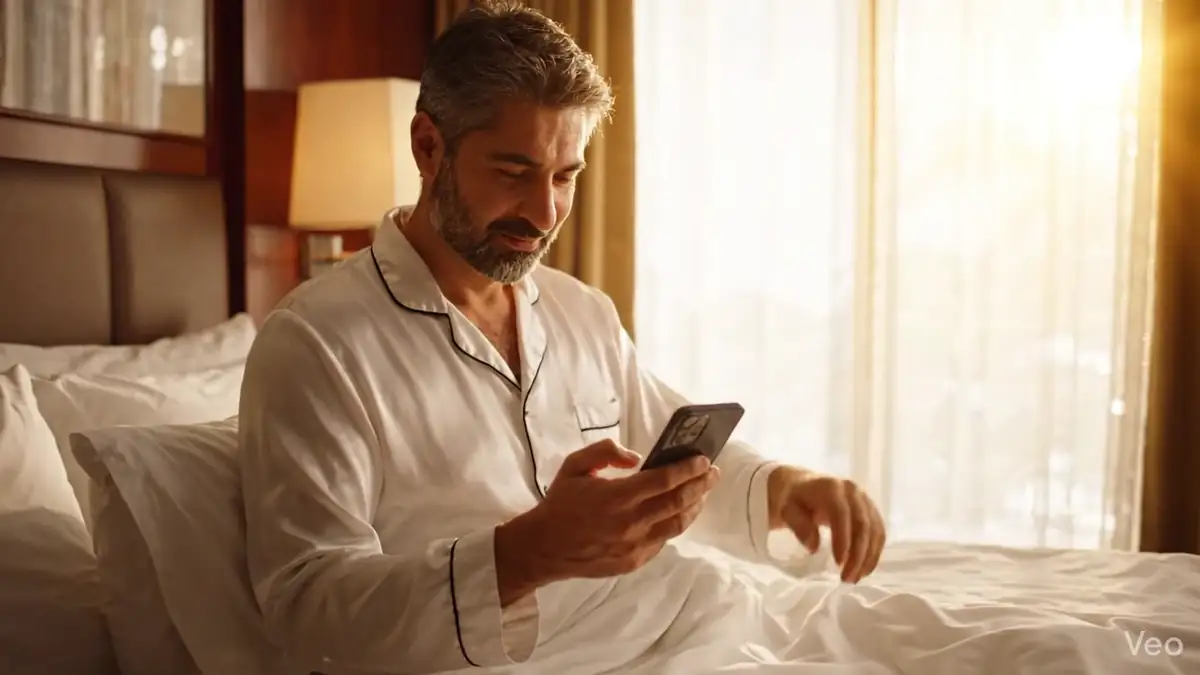 A guest in a hotel bed writing a message on a phone