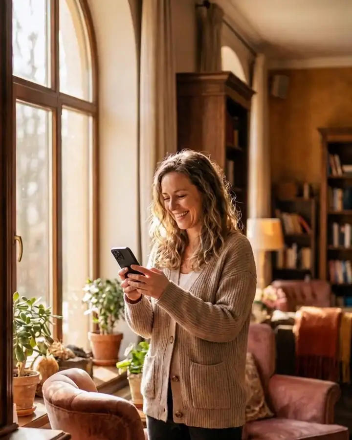 Guest by a window typing a message on her phone