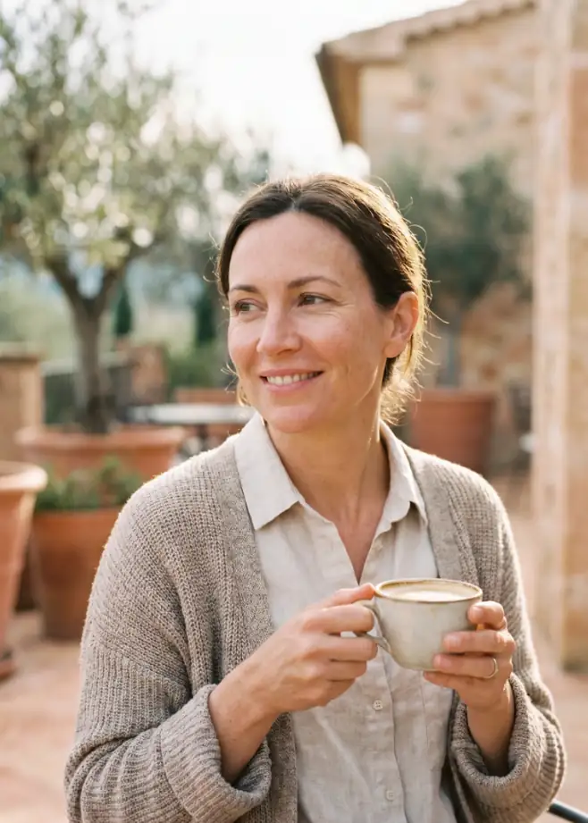 Smiling hotel owner holding a cup of coffee
