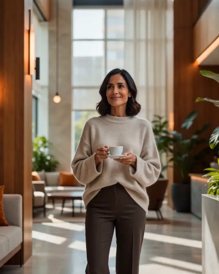 Hotel owner walking through the lobby with a morning coffee