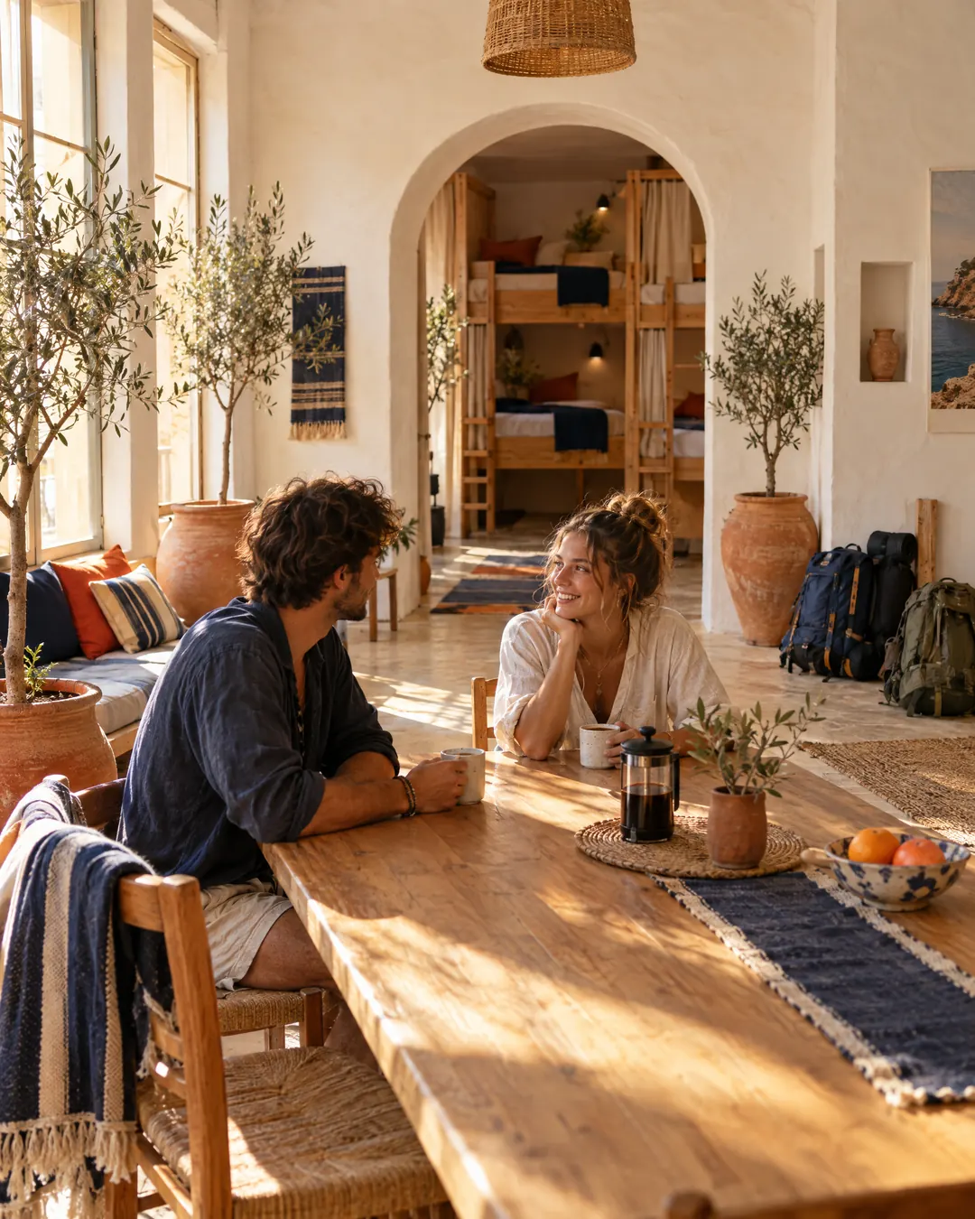Two travellers chatting in a Mediterranean-style hostel common room, bunk beds in the background