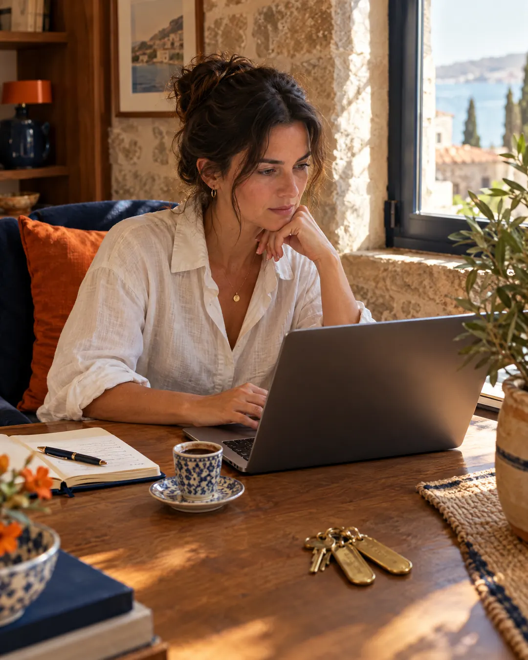 A hotel owner comparing hotel software on a laptop