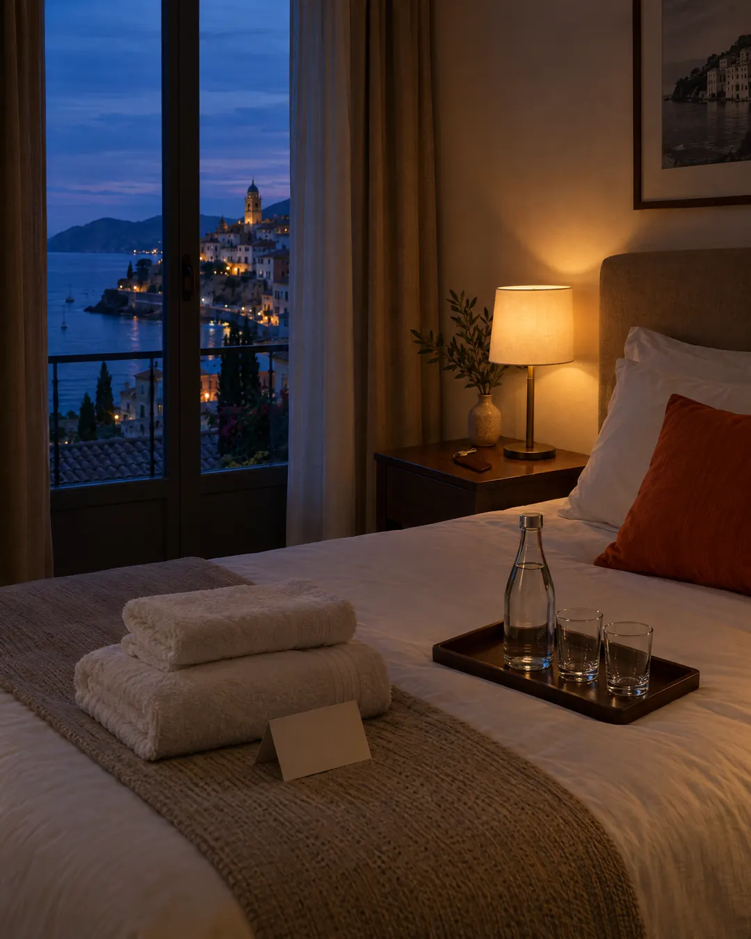 An empty hotel room at dusk
