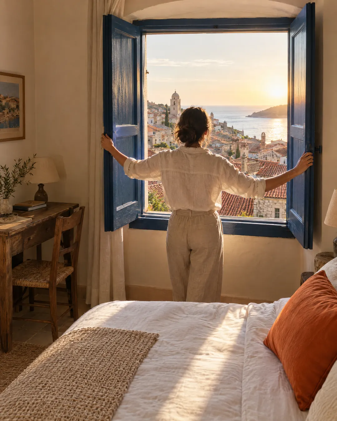 A hotel owner opening a room's shutters at sunrise over an old town by the sea
