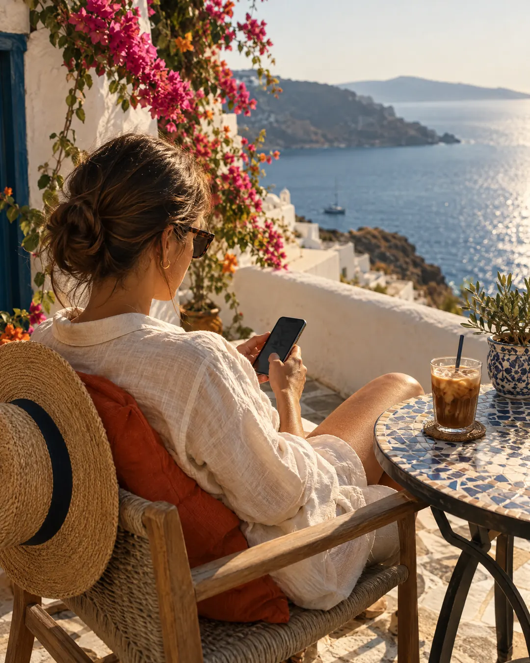 A guest checking a phone on a hotel terrace