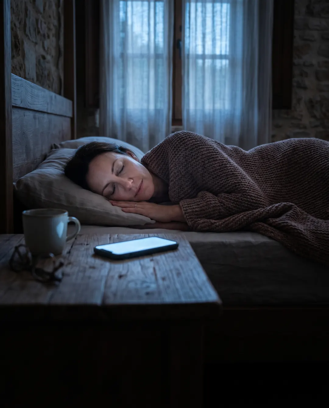 Hotel owner asleep with a phone lighting up on the nightstand