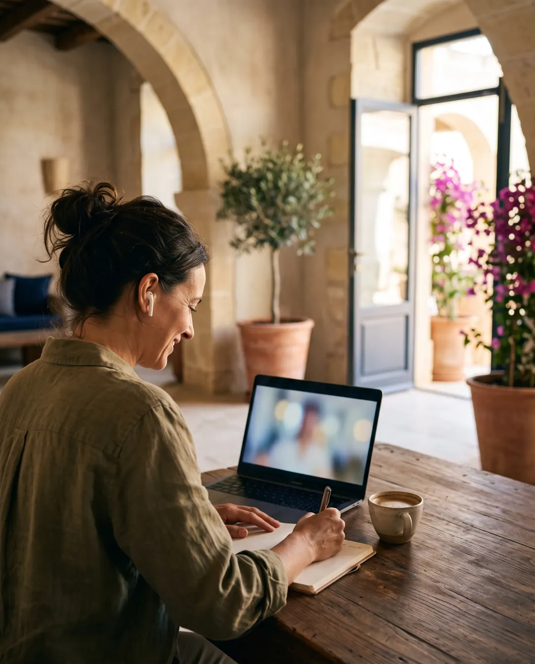 A hotel owner on a setup video call with earbuds, taking notes