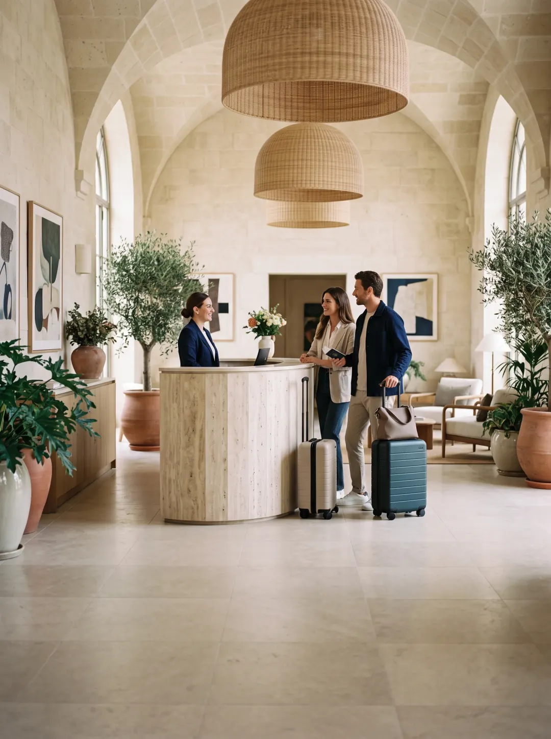 A couple checking in at the lobby of a design-led boutique hotel