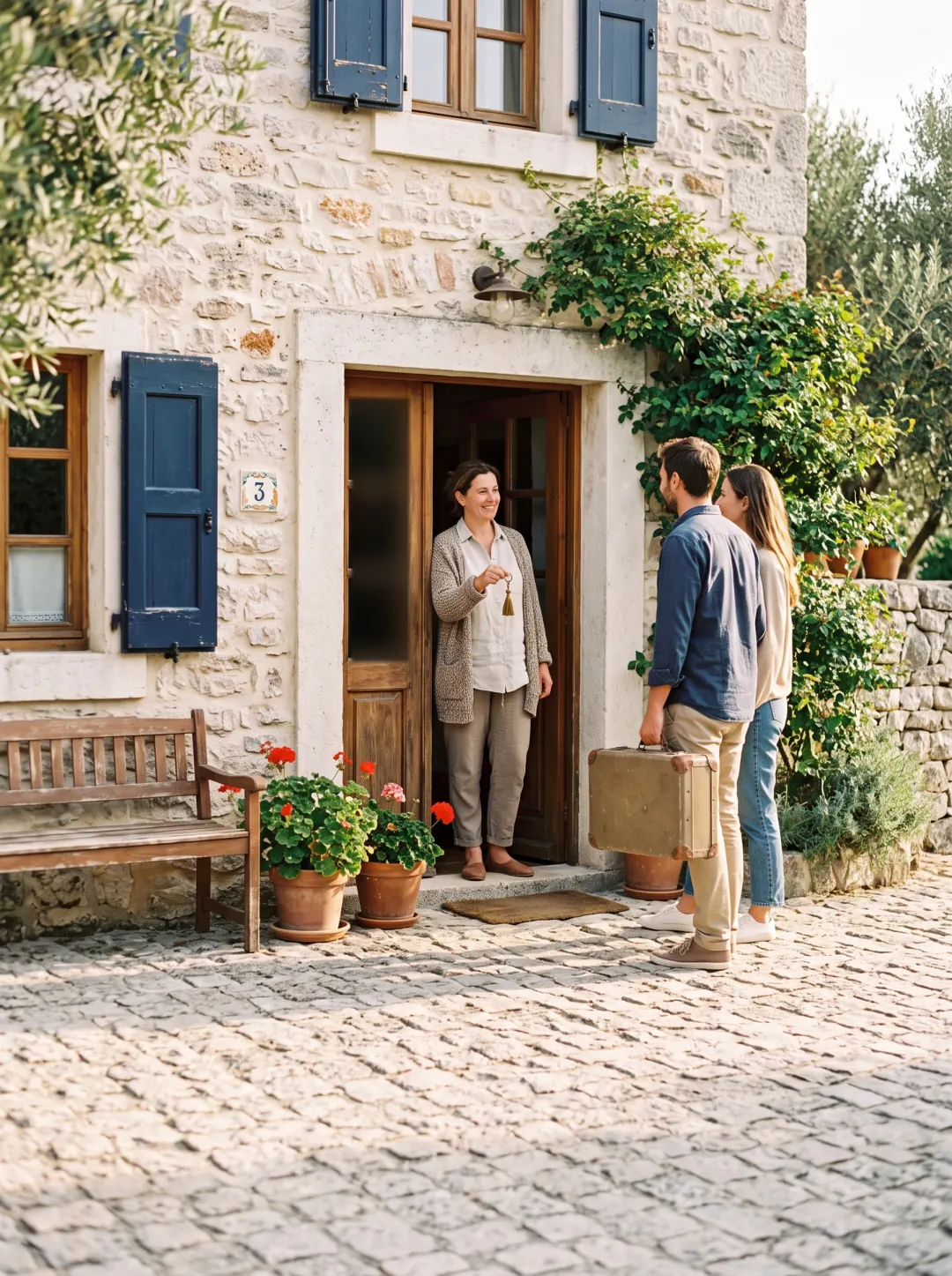 A guesthouse owner handing a room key to guests at the door of a small stone house