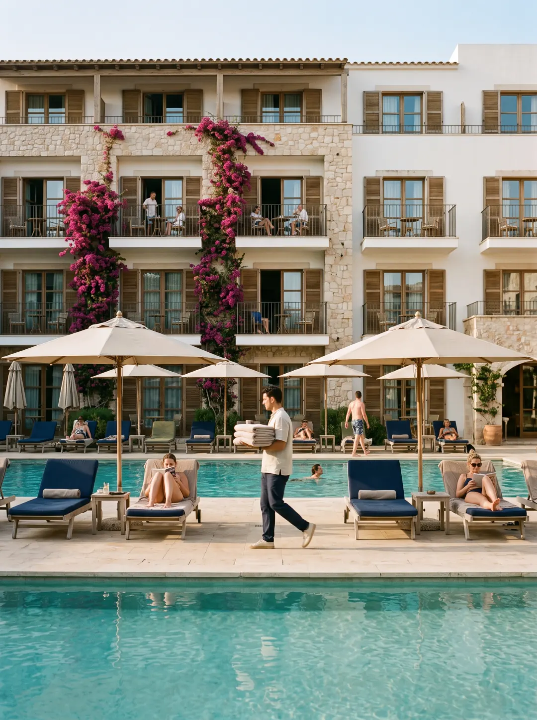 A five-storey resort hotel with balconies, seen from the pool terrace